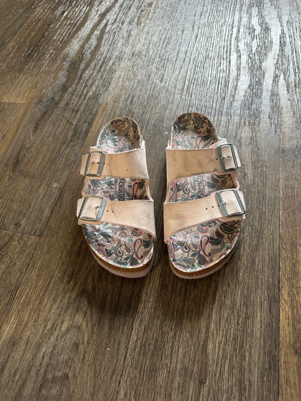 Birkenstock vegan Light Pink Double-Buckle Slide Sandals with Paisley Footbed